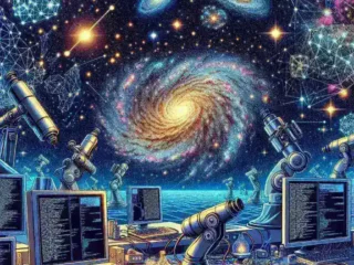 "AI astronomy systems analyzing distant galaxies during early-stage collisions in space, showcasing cosmic interactions and advanced technology in astrophysics."