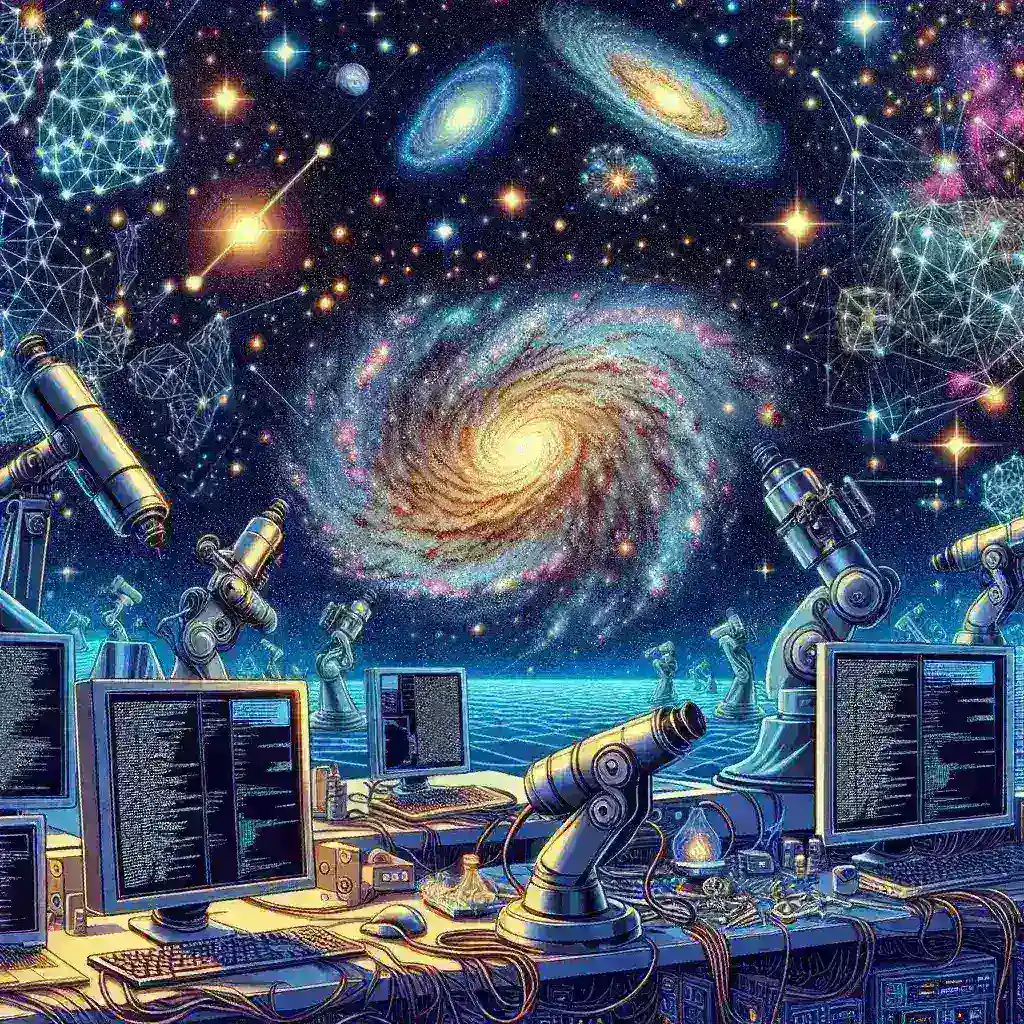 "AI astronomy systems analyzing distant galaxies during early-stage collisions in space, showcasing cosmic interactions and advanced technology in astrophysics."