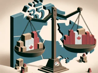 "Graph illustrating the economic impact of a 35 percent tariff on Canada, showcasing changes in trade volume, business growth, and consumer prices."
