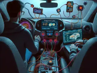 "Security expert testing car infotainment system vulnerability with a laptop, highlighting potential hacking risks and cybersecurity measures."