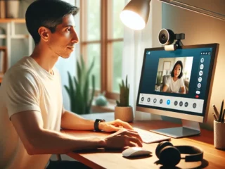 "Brightly lit home office setup showcasing ideal webcam lighting techniques for video calls."