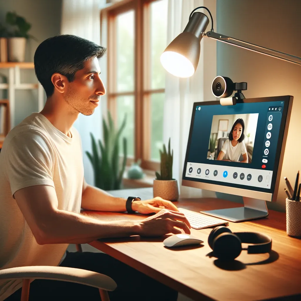 "Brightly lit home office setup showcasing ideal webcam lighting techniques for video calls."
