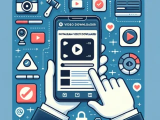 "Person using an Instagram video downloader tool on a laptop, with various social media icons in the background, highlighting the process of saving Instagram videos legally."