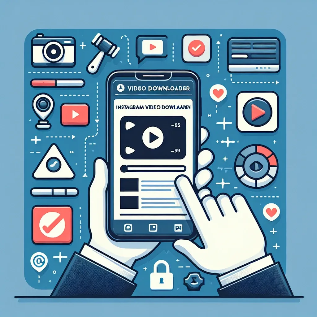 "Person using an Instagram video downloader tool on a laptop, with various social media icons in the background, highlighting the process of saving Instagram videos legally."
