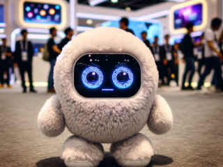 "Mirumi, the fluffy robot capturing attention at CES 2025, showcasing its cute design and friendly demeanor in a bustling exhibition setting."