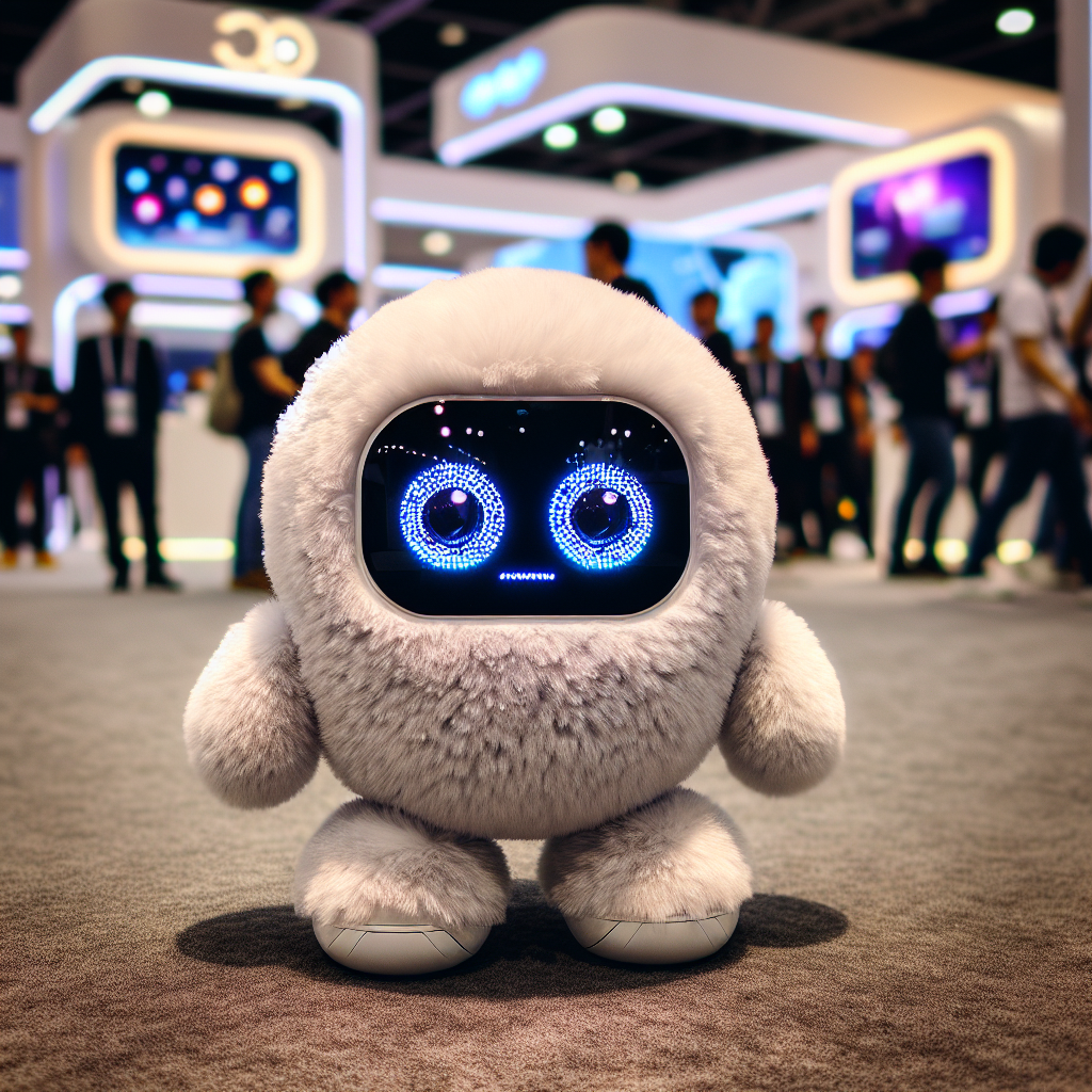 "Mirumi, the fluffy robot capturing attention at CES 2025, showcasing its cute design and friendly demeanor in a bustling exhibition setting."